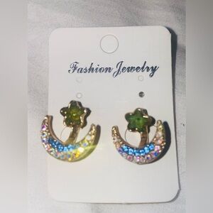 Green Enamel Star Stud Blue Crystal Crescent Moon Gold-Tone Earrings